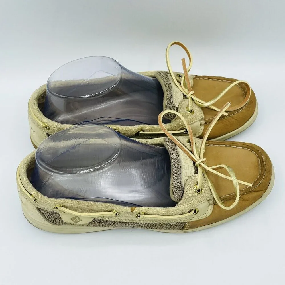 Sperry Top Sider Shoes Womens Size 8 M Tan Boat Shoe Slip On Brown Leather Lace - Picture 3 of 12